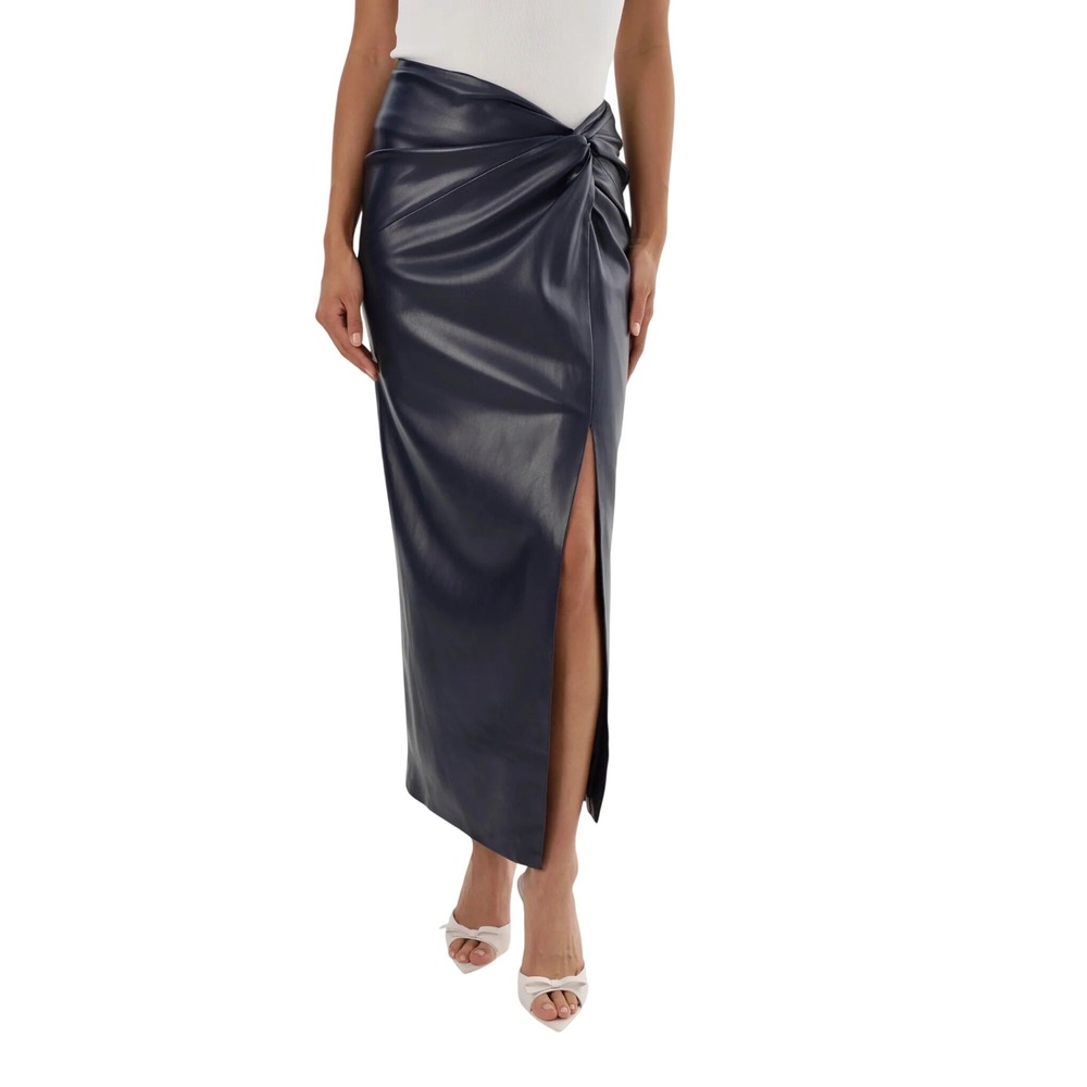 Lamarque Eileen Navy Faux Leather Twist Wrap Front Midi Pencil Skirt Women Small